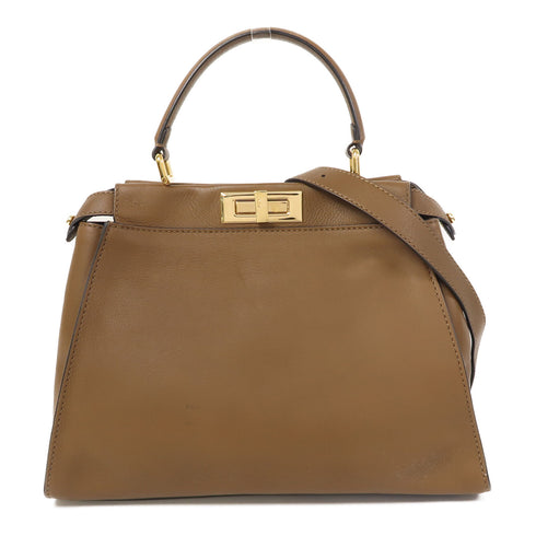 FENDI GHW Peekaboo 2 Way Shoulder Bag 8BN290-5WN Calfskin Leather Brown
