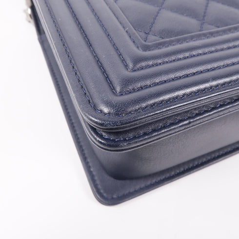 CHANEL CC SHW Boy 28 Shoulder Bag Lambskin Leather Navy