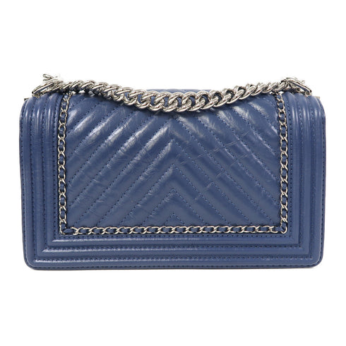 CHANEL Herringbone CC SHW Boy 25 Chain Shoulder Bag Calfskin Leather Blue