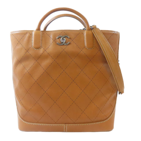 CHANEL Quilted CC 2 Way Shoulder Handbag Calfskin Leather Brown