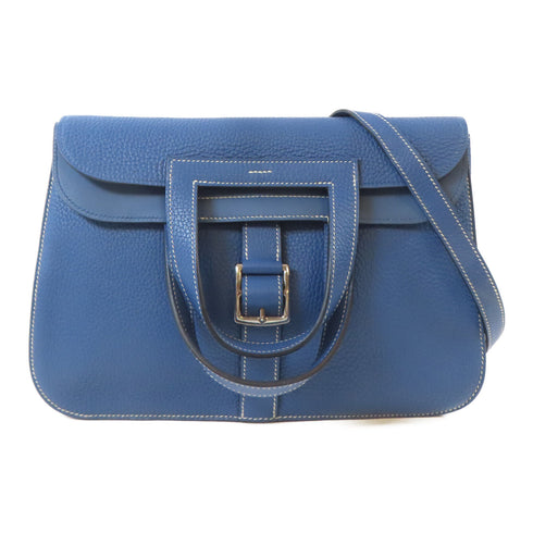 HERMES PHW Halzan 31 2 Way Shoulder Handbag Clemence Leather Blue