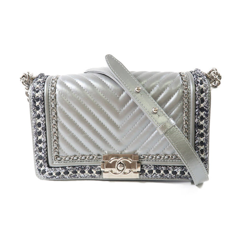 CHANEL CC SHW Boy 25 Chain Shoulder Bag Calfskin Leather Silver