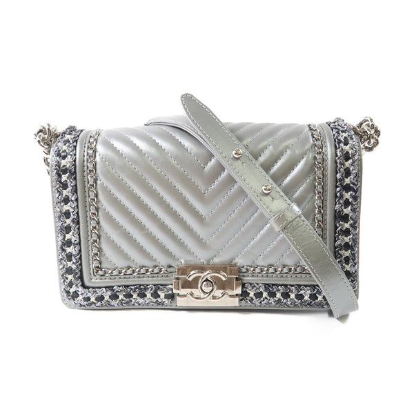 CHANEL CC SHW Boy 25 Chain Shoulder Bag Calfskin Leather Silver