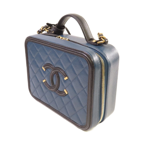 CHANEL Quilted CC Filigree Vanity Case Shoulder Bag Caviar Skin Leather Blue