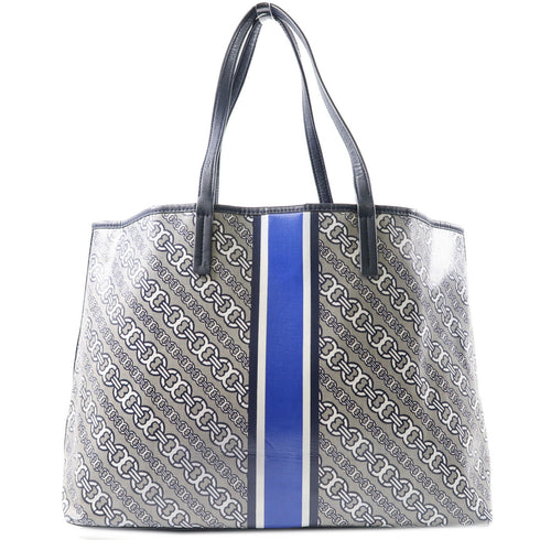 Tory Burch GHW Shoulder Tote Bag Coated Canvas Leather Gray Blue