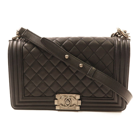 CHANEL CC Boy 25 Chain Shoulder Bag Calfskin Leather Black v1