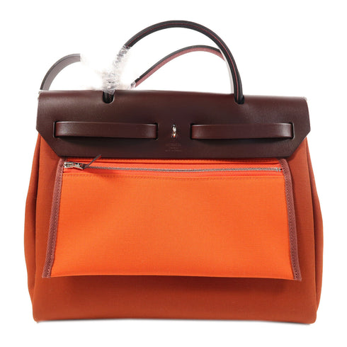 HERMES PHW Herbag PM 2 Way Bag Canvas/Leather Red/Brown