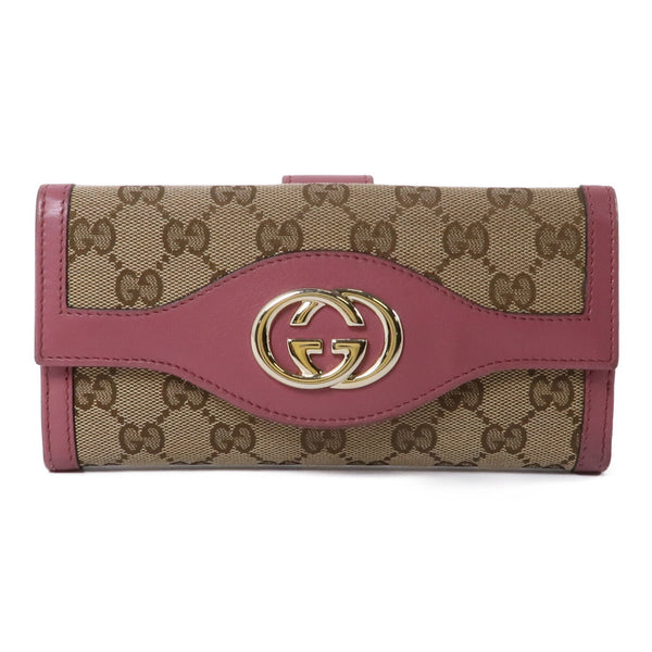 GUCCI GG GHW Interlocking Long Wallet 282426 Canvas Leather Brown Pink