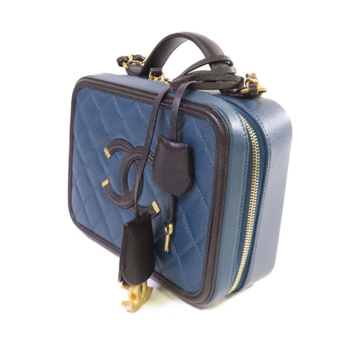 CHANEL Quilted CC Vanity Case Chain Hand Shoulder Bag Caviar Skin Leather Blue