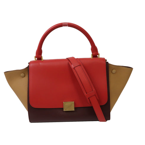 CELINE GHW Trapeze 2 Way Shoulder Bag Handbag Calfskin Leather Red/Brown
