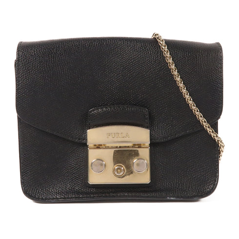 Furla GHW Chain Shoulder Bag Calfskin Leather Black