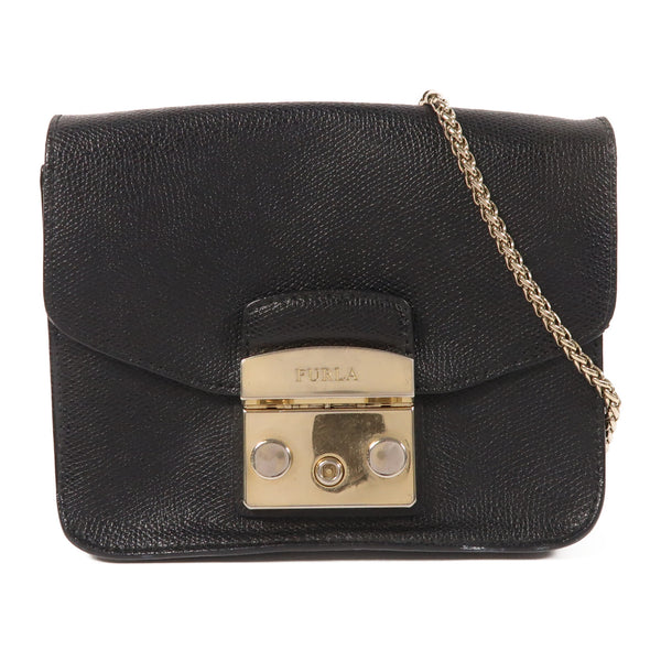 Furla GHW Chain Shoulder Bag Calfskin Leather Black