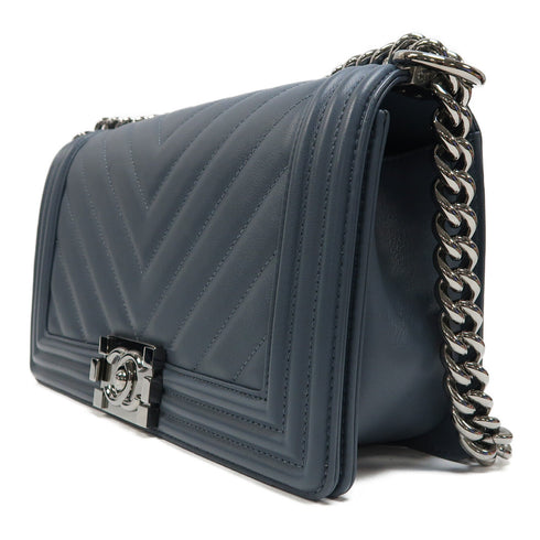 CHANEL CC SHW Boy 25 Chain Shoulder Bag Calfskin Leather Grey Blue