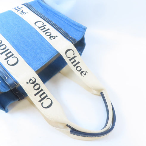 Chloe Medium Woody Tote Bag Shoulder Handbag Denim Blue