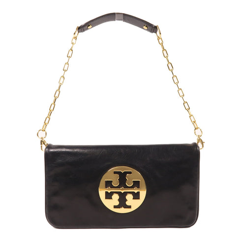 Tory Burch GHW Reva Clutch Chain Shoulder Bag Calfskin Leather Black