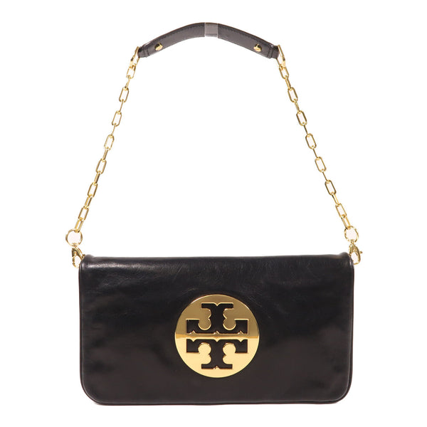 Tory Burch GHW Reva Clutch Chain Shoulder Bag Calfskin Leather Black