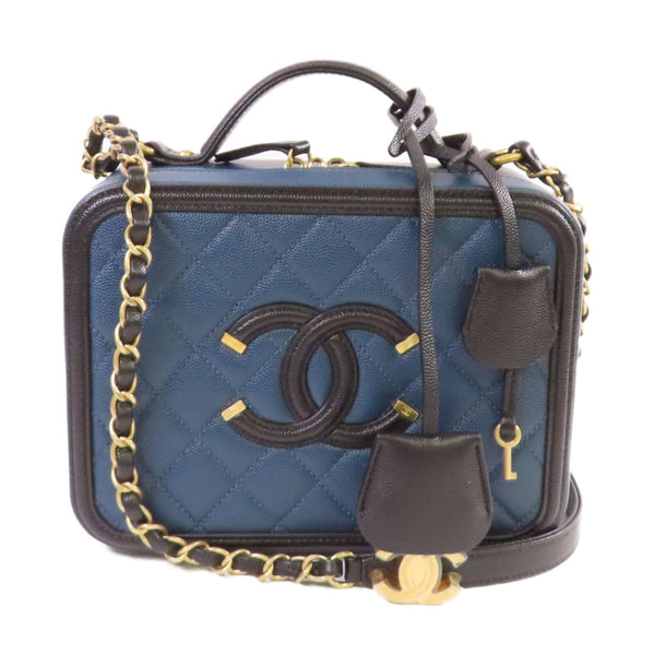 CHANEL Quilted CC Vanity Case Chain Hand Shoulder Bag Caviar Skin Leather Blue