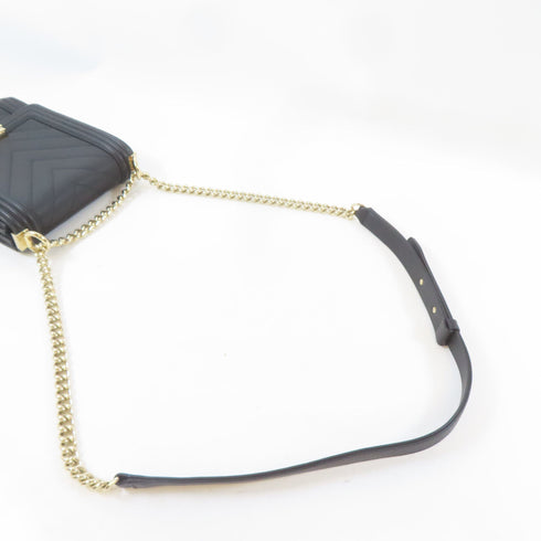 CHANEL Herringbone CC GHW Boy Chain Shoulder Bag Lambskin Leather Black
