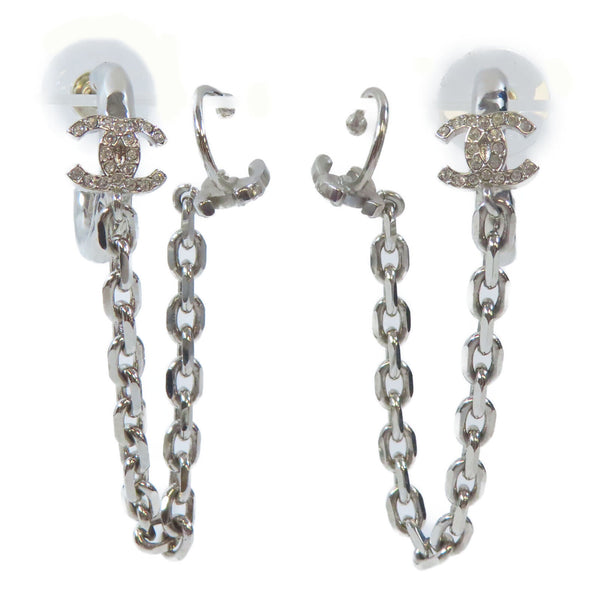 CHANEL CC Pierced Earrings With Ear Cuffs Metal Crystal Silver