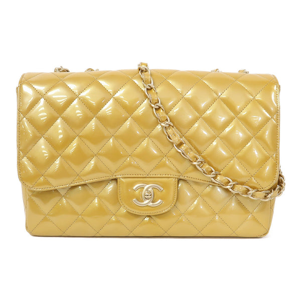 CHANEL Quilted CC GHW Jumbo Classic Chain Shoulder Bag Patent Leather Yellow