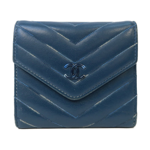 CHANEL Herringbone CC SHW Wallet Calfskin Leather Blue