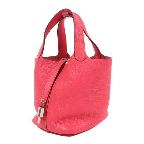 HERMES PHW Picotin PM Hand Bag/Bucket Tote Bag Clemence Leather Pink