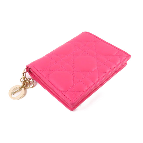 Christian Dior CD GHW Mini Lady Dior Gardenia Wallet Calfskin Leather Pink
