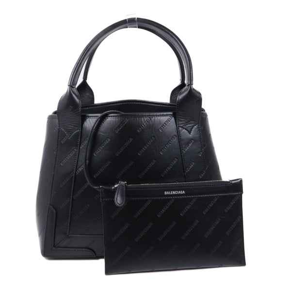 BALENCIAGA SHW Navy Cabas Logo Tote Bag 339933 Calfskin Leather Black