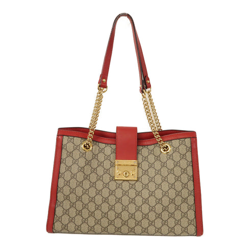 GUCCI GG GHW Padlock GG Tote Shoulder Bag PVC Coated Canvas Brown/Red