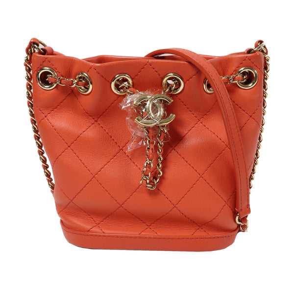 CHANEL Quilted CC Bucket Bag Chain Shoulder Bag Calfskin Leather Red