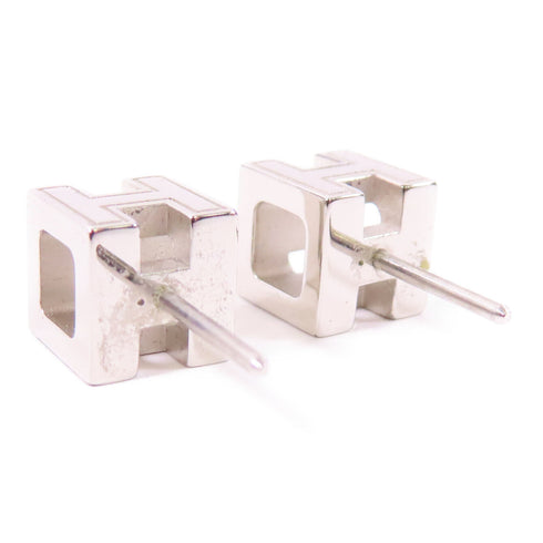 HERMES PHW Cage H Earrings Metal Silver/Black