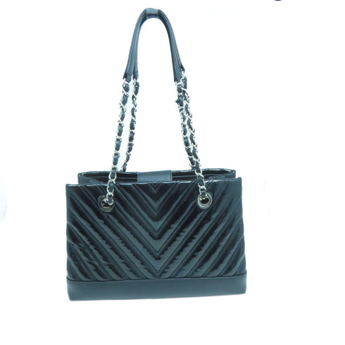 CHANEL Herringbone CC SHW Chain Shoulder Bag Patent Leather Black