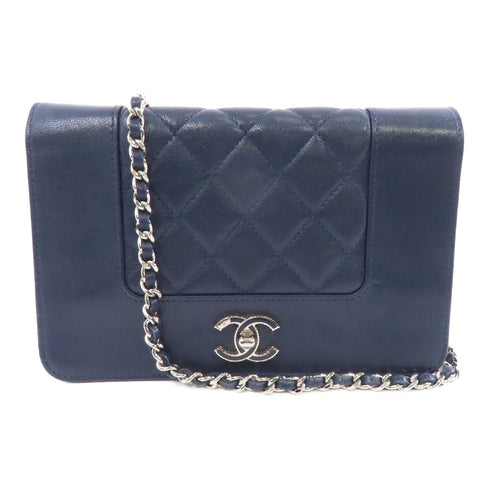CHANEL Quilted CC SHW WOC Wallet On Chain Shoulder Bag Calfskin Leather Navy