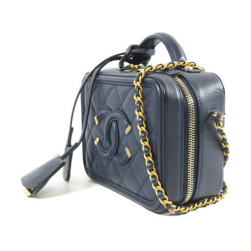 CHANEL CC GHW Quilted Vanity Case Shoulder Bag A93342 Caviar Leather Navy