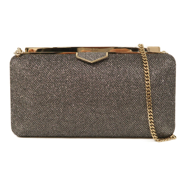 JIMMY CHOO GHW Ellipse Glitter Clutch Bag Chain Shoulder Bag Fabric Silver