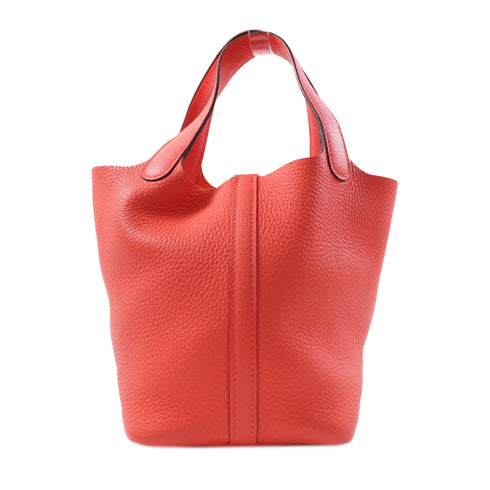 HERMES PHW Picotin PM Handbag Clemence Leather Rose Jaipur/Red
