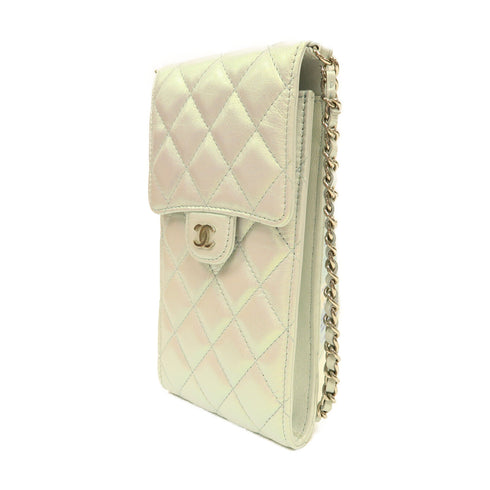 CHANEL Quilted CC SHW Phone Case Shoulder Bag AP2164 Lambskin Leather Pearl Grey