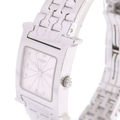 HERMES SHW Medium Heure H Quartz Watch Stainless Steel White Silver Tone Color