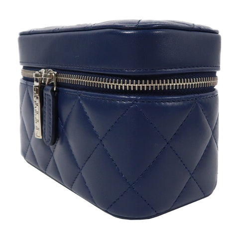 CHANEL Quilted CC SHW Jewelry Box Clutch Bag Handbag Lambskin Lather Blue