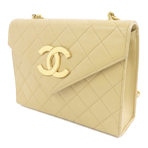 CHANEL Quilted CC GHW Vintage Chain Shoulder Bag Calfskin Leather Beige