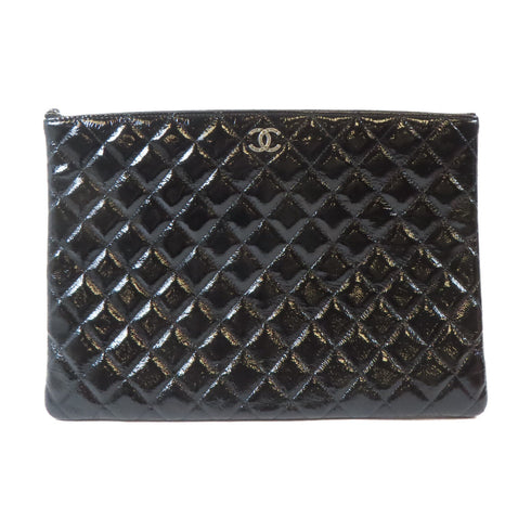 CHANEL Quilted CC SHW Pouch Patent Leather Black
