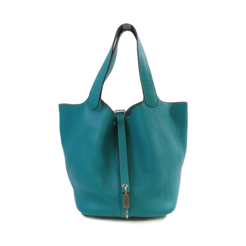 HERMES PHW Picotin MM Tote Bag Handbag Clemence Leather Bleu Paon Greenish Blue