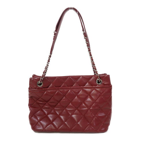 CHANEL Quilted CC SHW Hand Bag Calfskin Leather Red
