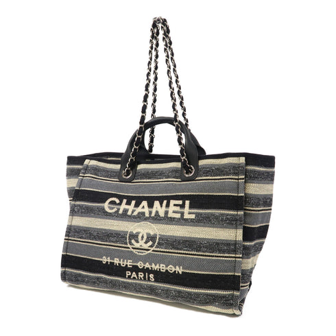 CHANEL CC SHW Deauville Tote Bag 2 Way Chain Shoulder Hand Bag Canvas Blue White