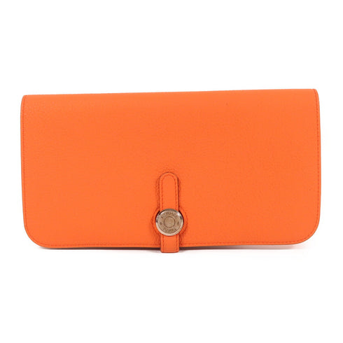 HERMES PHW Dogon MM Long Wallet Clemence Leather Orange