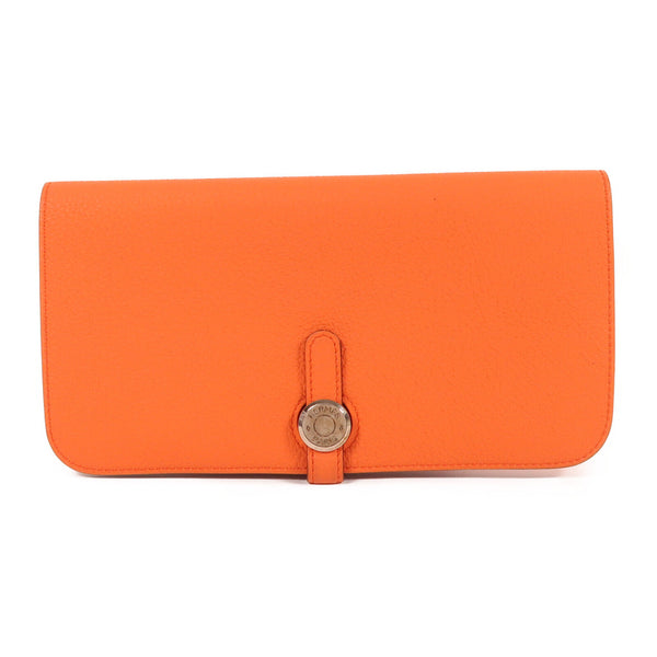 HERMES PHW Dogon MM Long Wallet Clemence Leather Orange