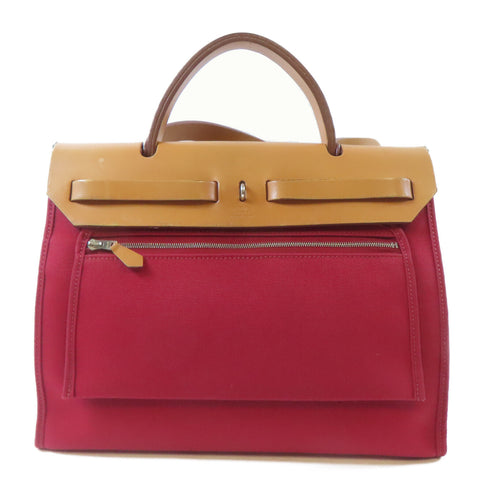 HERMES PHW Herbag PM 2 Way Shoulder Bag Canvas Leather Rouge Grenat Red Brown