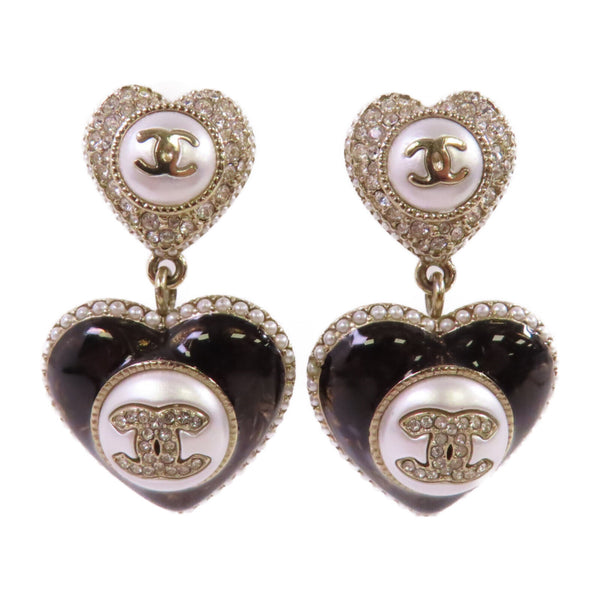 CHANEL CC GHW CC Heart Earrings B22/B Metal PVC Rhinestones White Black