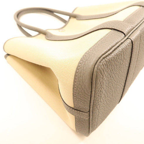 HERMES PHW Garden Party TPM Handbag Canvas Leather Beige Gray Grey