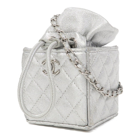 CHANEL CC SHW Micro Drawstring Bucket Bag Shoulder Bag Lambskin Leather Sliver